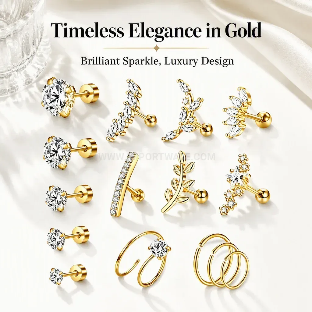 Elegant Rhinestone Flat Back Stainless Steel Screw Stud and Hoop Piercing Set