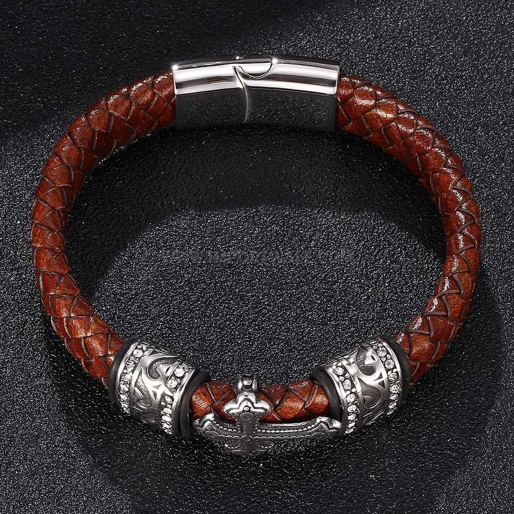 Stylish Brown Leather Stainless Steel Cross Bracelet