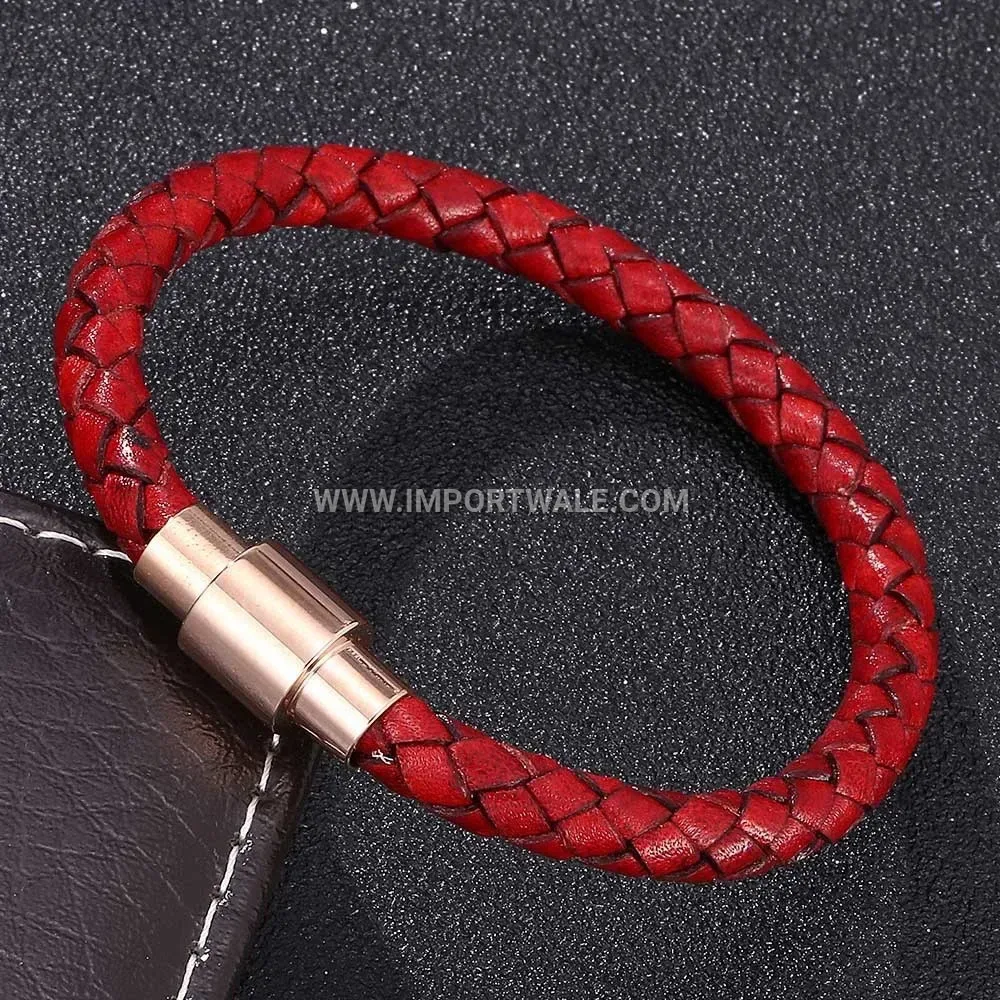Rose Gold Plated Magnetic Clasp Braided Leather Men's Steel Bracelet