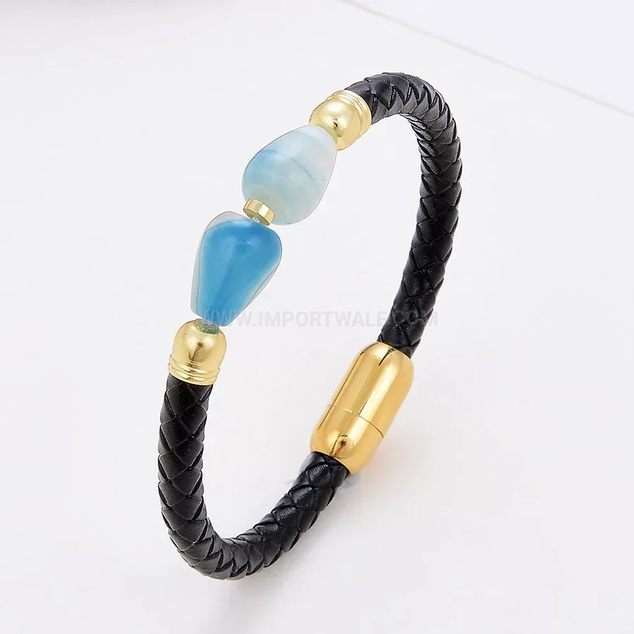 Retro Leather Stone Bracelet with Stainless Steel Magnetic Clasp