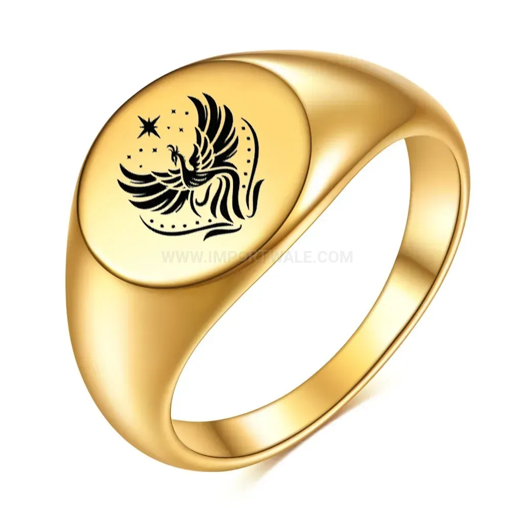 Chic Polished Round Stainless Steel Phoenix Engraved Ring
