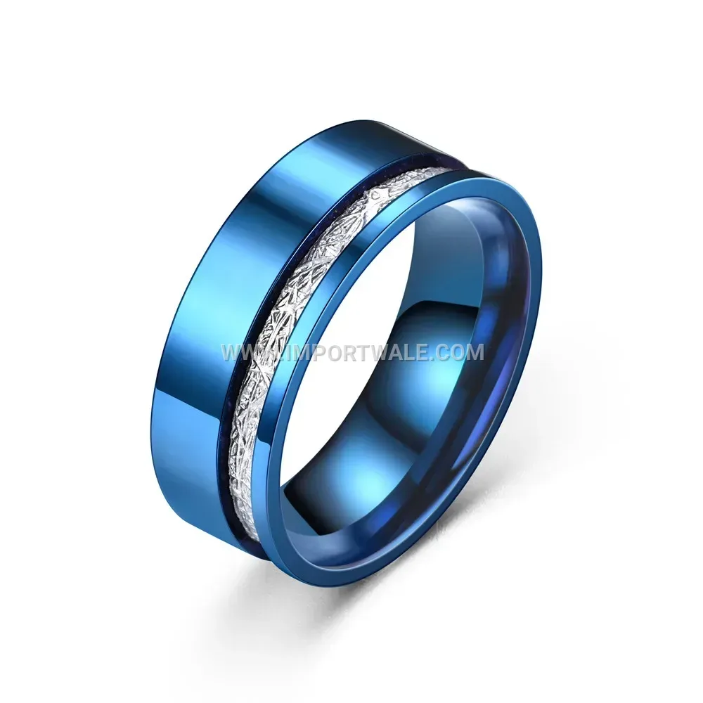 Narrow Blue Silk Textured Stainless Steel Ring