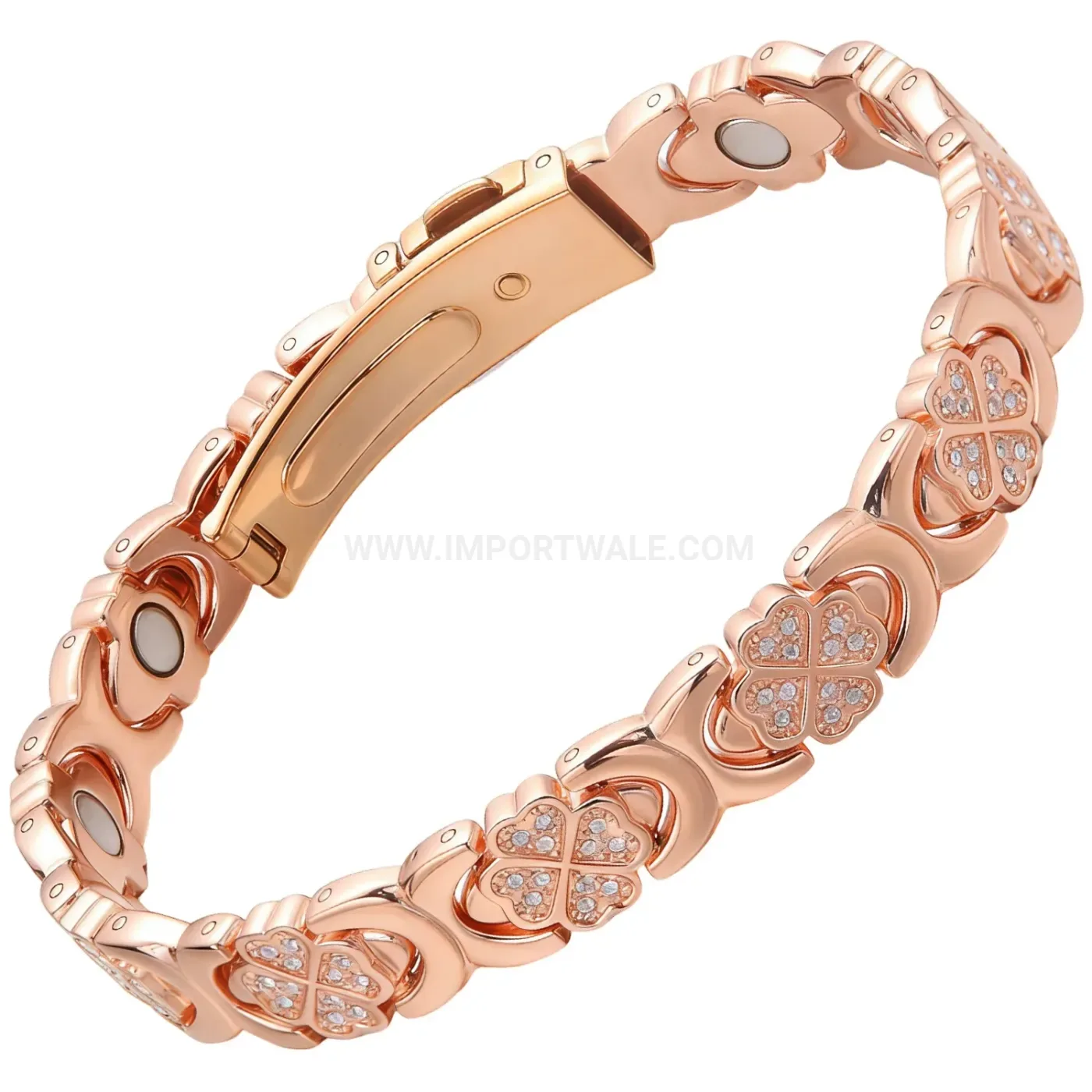 Rose Gold Copper Four-Leaf Clover Rhinestone Magnetic Bracelet