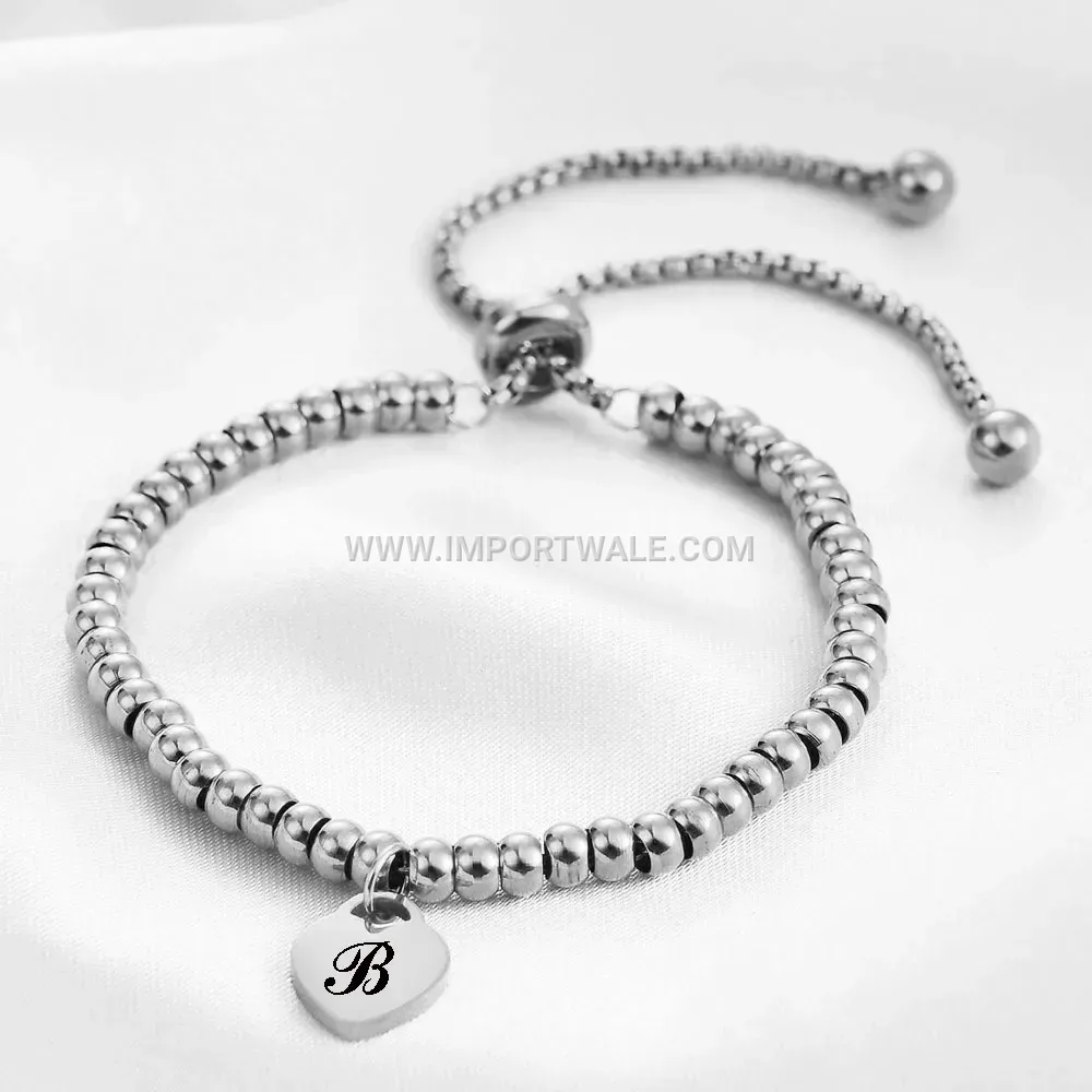 Stainless Steel Beaded Adjustable Initial Heart Bracelet