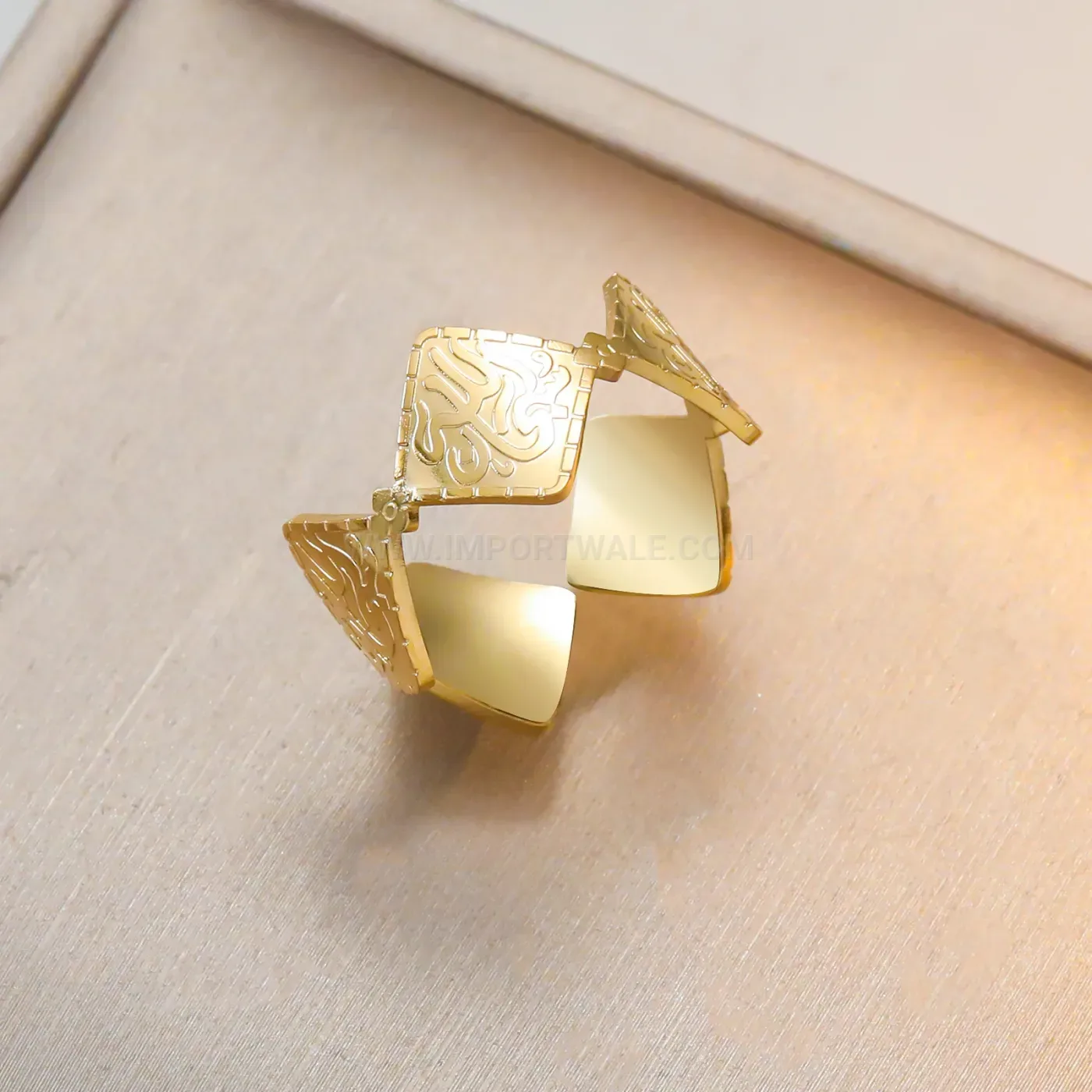 Fashion Geometric Stainless Steel Open Ring with 18K Gold PVD Arabic Calligraphy