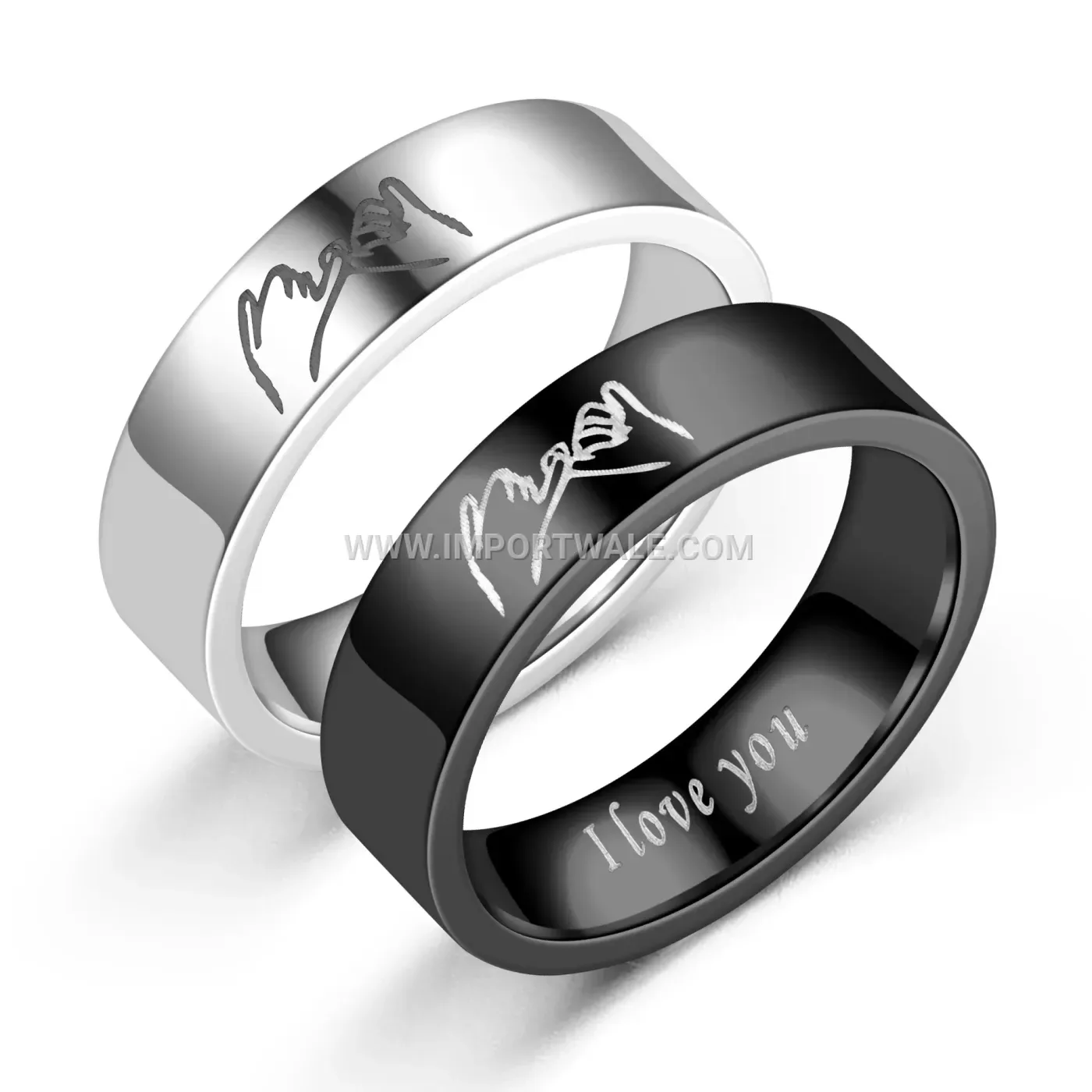 Engraved Holding Hands Titanium Steel Couple Band Ring