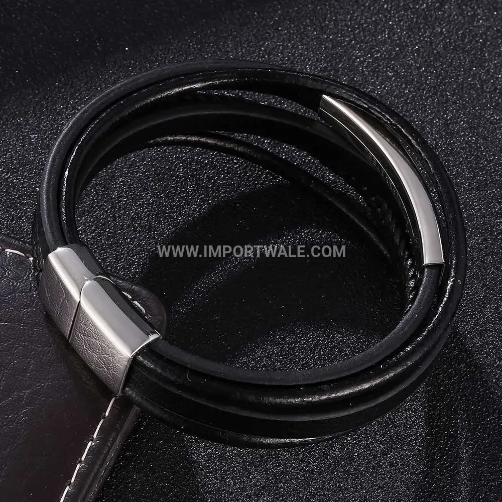 Layered Stainless Steel Curved Tube and Leather Men's Bracelet