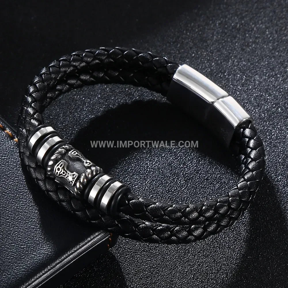 Classic Genuine Leather Cord Bracelet with Stainless Steel Magnetic Clasp