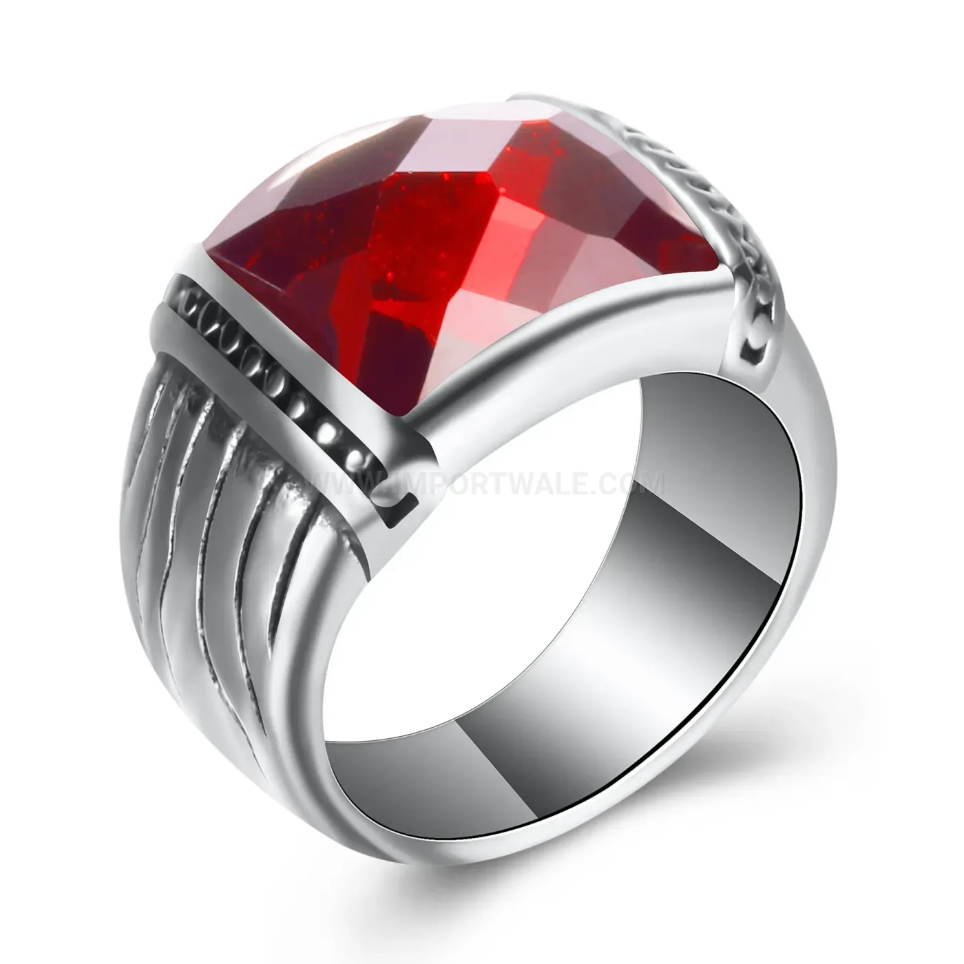 Fashion Stainless Steel Gemstone Inlaid Square Signet Band Ring