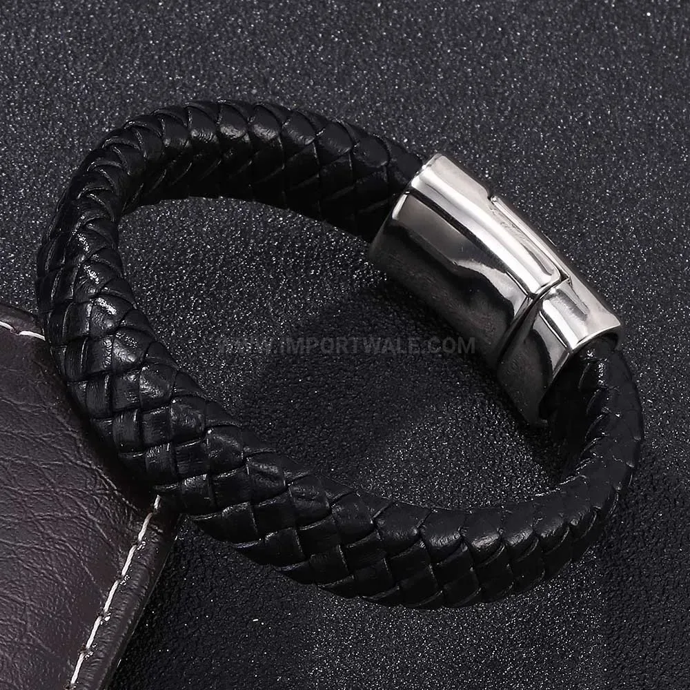 Skull And Crown Leather Wristband With Stainless Steel Magnetic Clasp