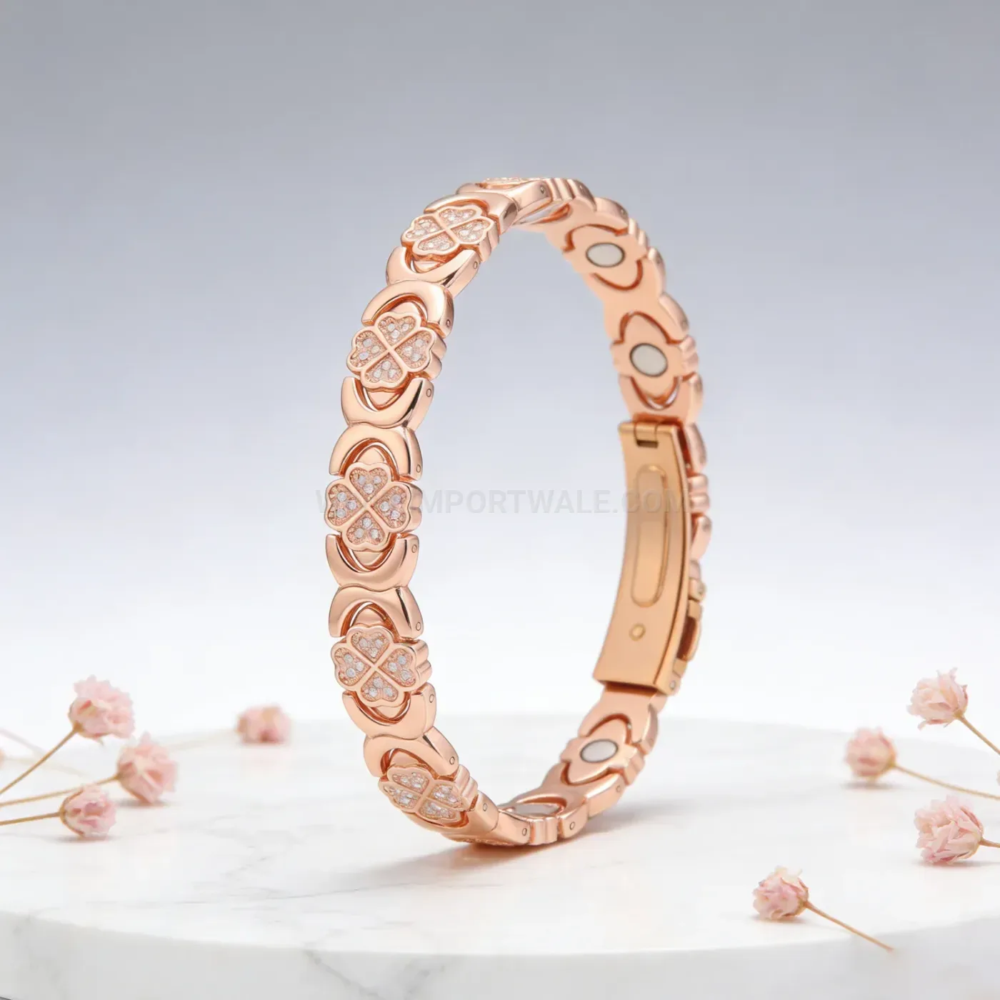 Rose Gold Copper Four-Leaf Clover Rhinestone Magnetic Bracelet
