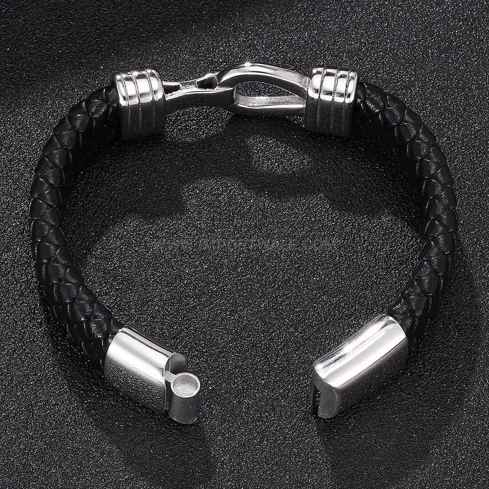 Woven Black Leather Wristband With Stainless Steel Hardware Accents