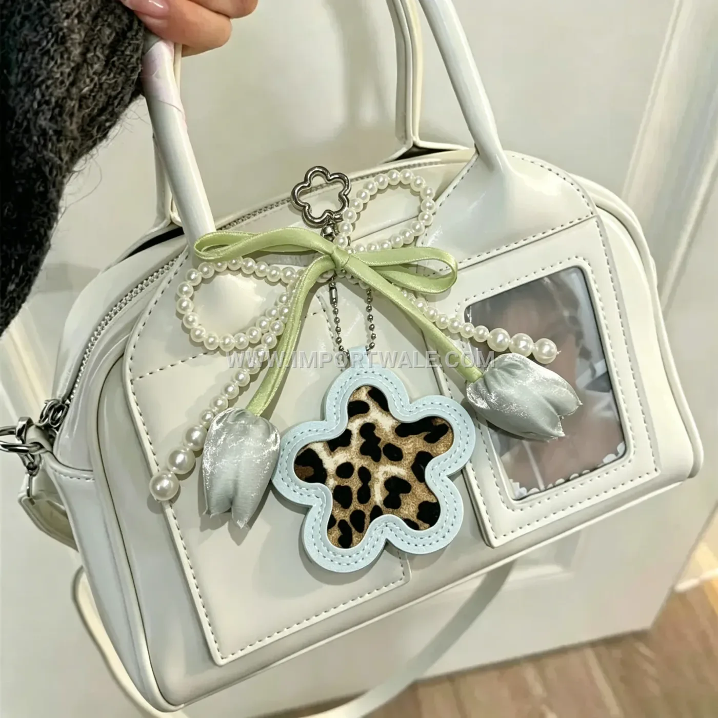 Chic Leather Floral Bag Charm with Pearl Accent