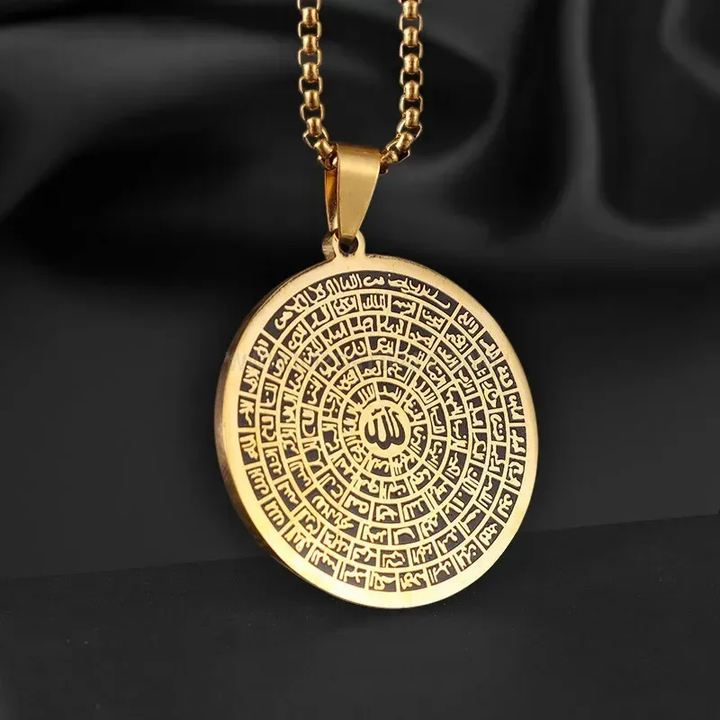 Vintage Engraved Disc Scripture Stainless Steel Amulet Necklace
