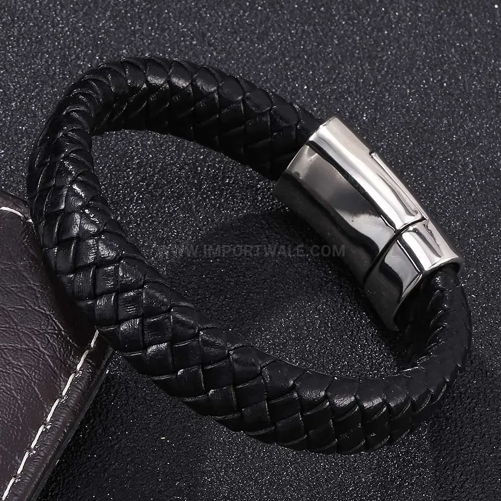 Woven Black Leather Wristband with Stainless Steel Accent Clasp