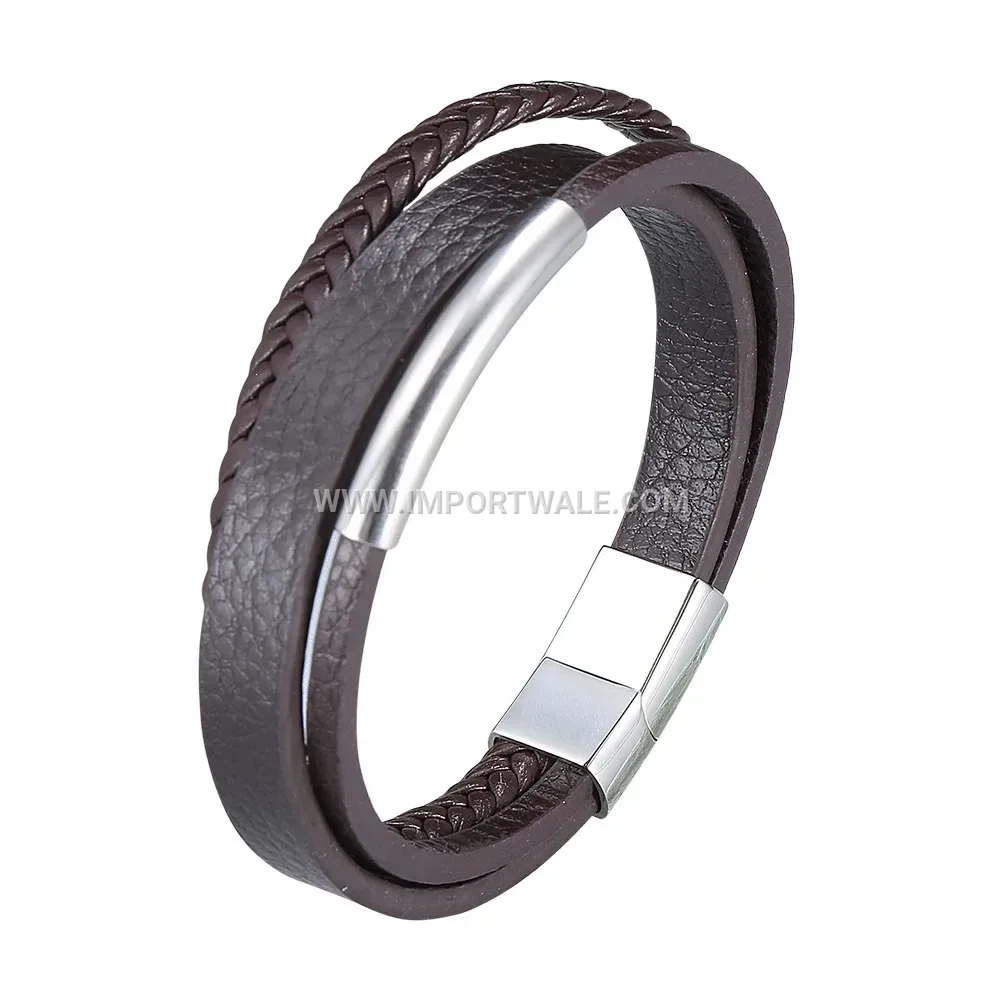 Multi Layer Brown Leather Wrap Bracelet with Stainless Steel Magnetic Clasp