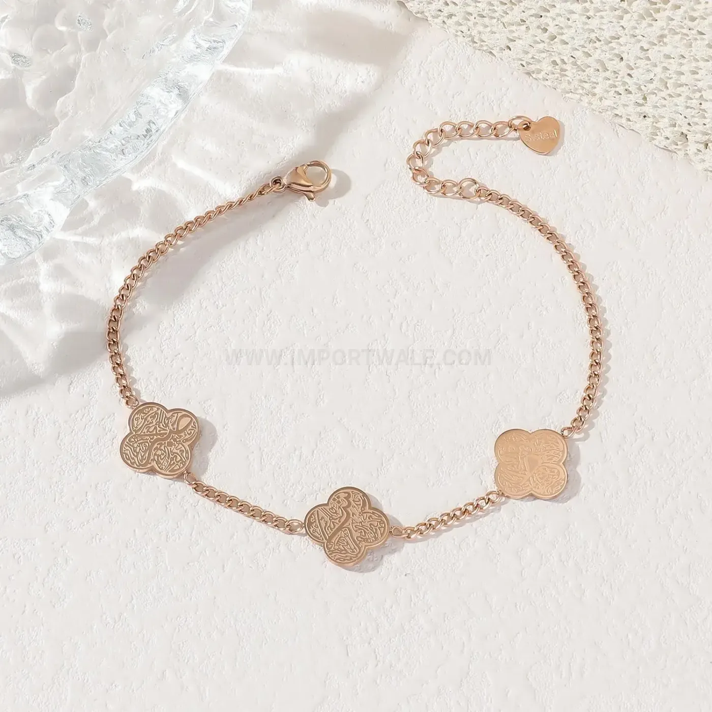Stainless Steel Islamic Clover Engraved Charm Bracelet
