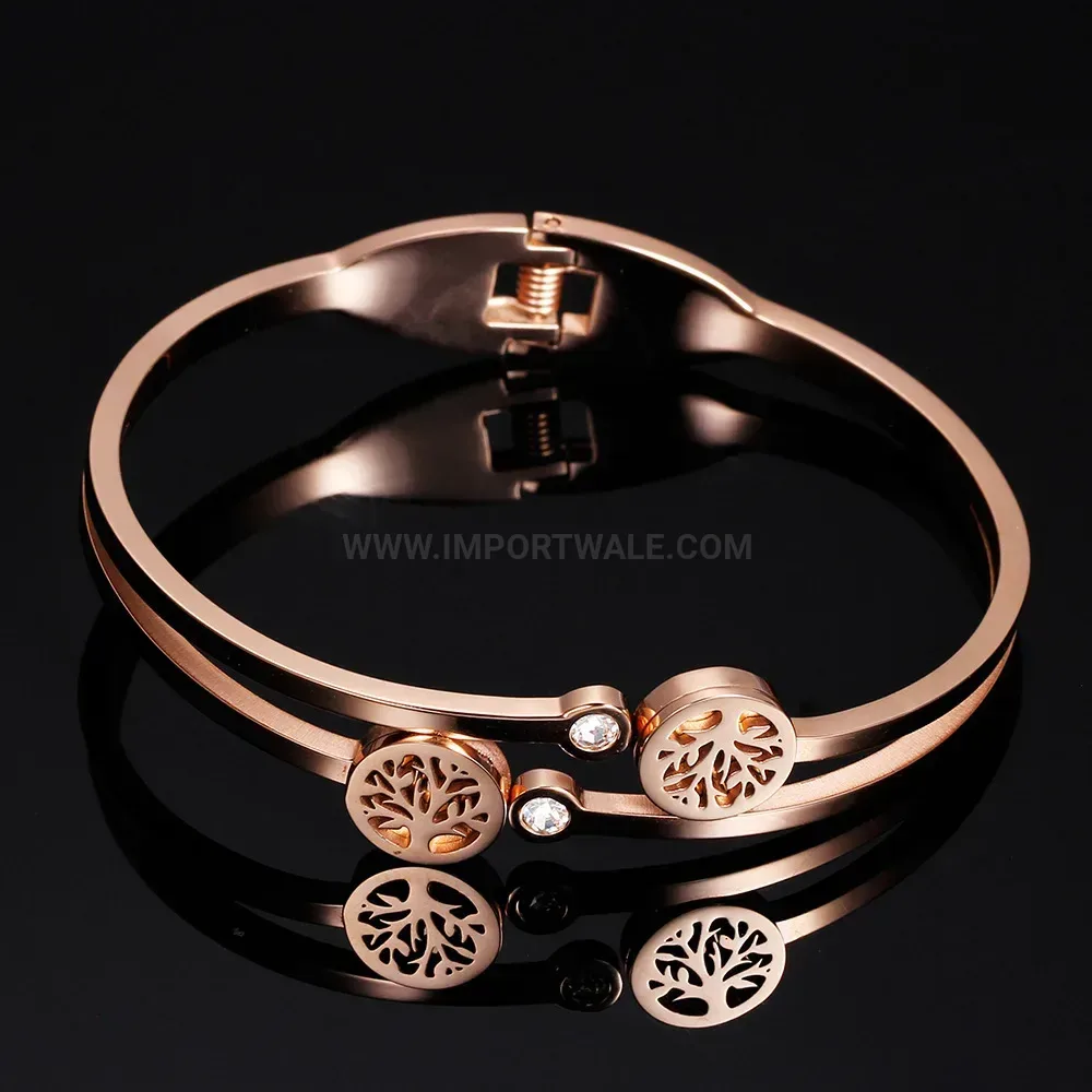 Elegant Tree of Life Rhinestone Stainless Steel Open Cuff Bangle