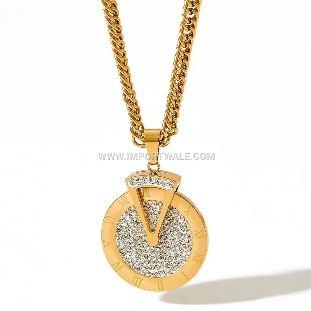 Rotatable Rhinestone Disc Pendant Long Chain Necklace