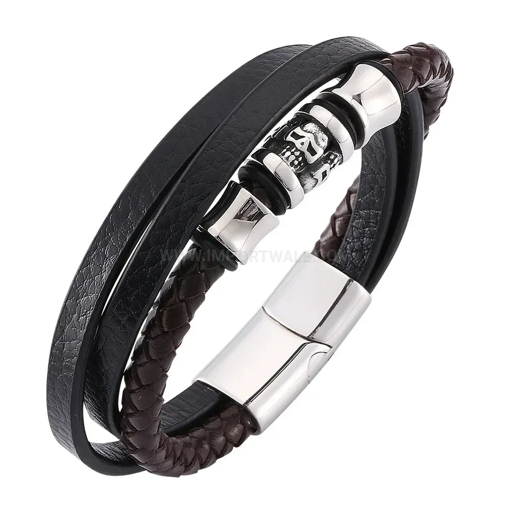 Skull Detail Multi Strand Leather Wristband in Stainless Steel