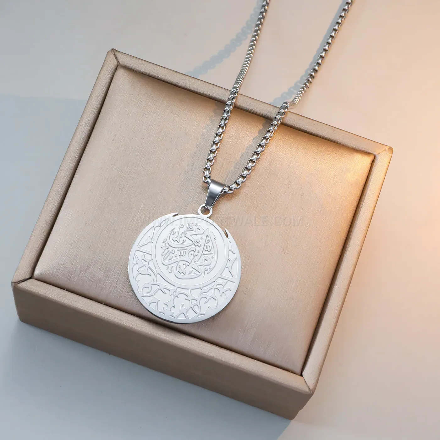 Arabic Calligraphy Coin Medallion Stainless Steel Gold Plated Pendant Necklace