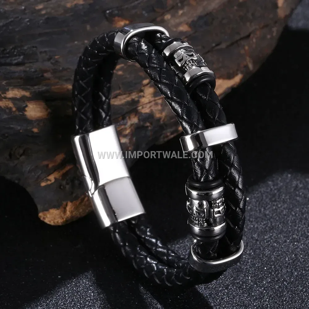 Dual Strand Leather Wrap Bracelet with Stainless Steel Magnetic Closure