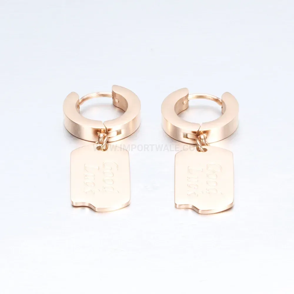 Elegant Minimalist Good Luck Engraved Rose Gold Stainless Steel Earrings
