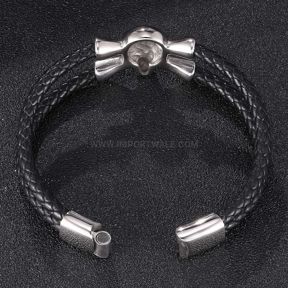 Stainless Steel Skull Accent Vintage Leather Bracelet