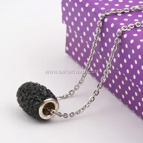 Rhinestone Encrusted Oval Stainless Steel Pendant Necklace
