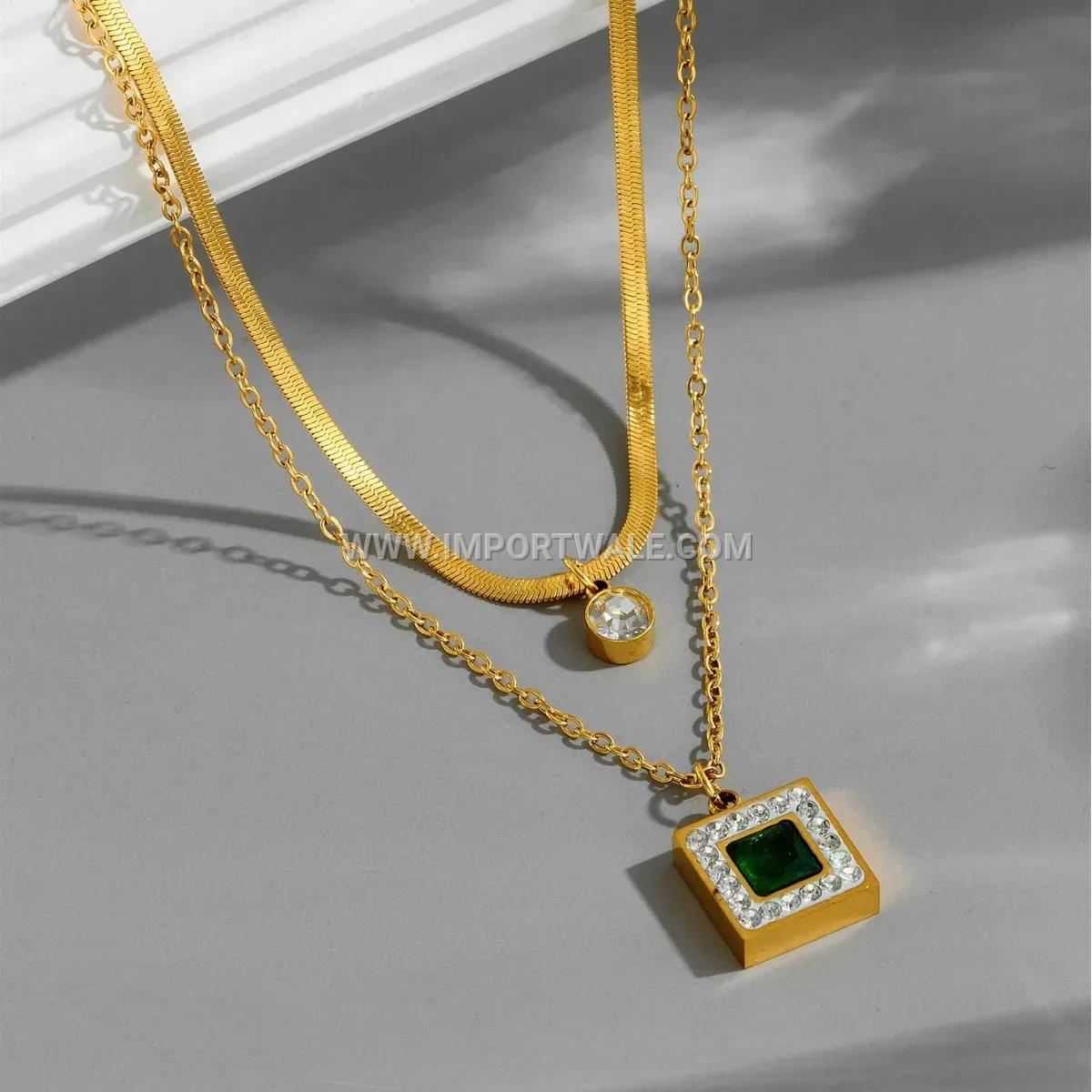Double Layered Gold Titanium Steel Green Gemstone Anklet