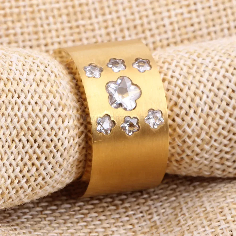 Floral Crystal Cluster Gold Stainless Steel Statement Ring