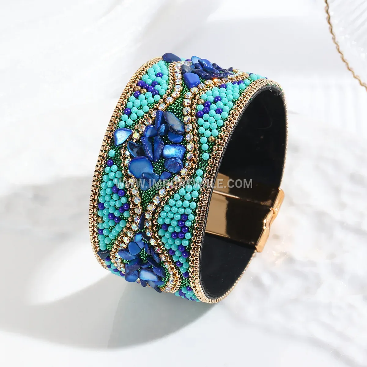 Bohemian Leather Gemstone Wrap Cuff with Stainless Steel Clasp