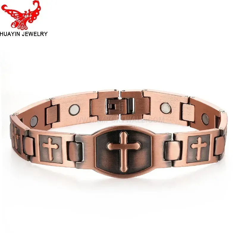 Bold Vintage Cross Copper Bio Magnetic Link Bracelet