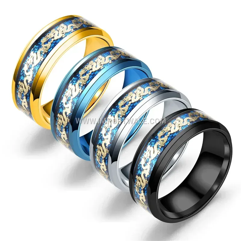 Stainless Steel Inlaid Gold Dragon Pattern Band Ring