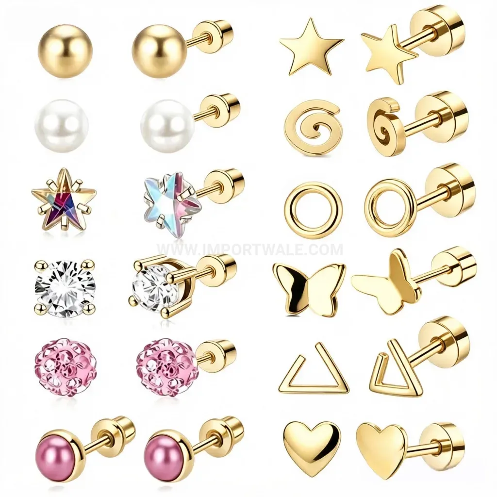 Trendy Stainless Steel Pearl and Crystal Geometric Ear Piercing Studs