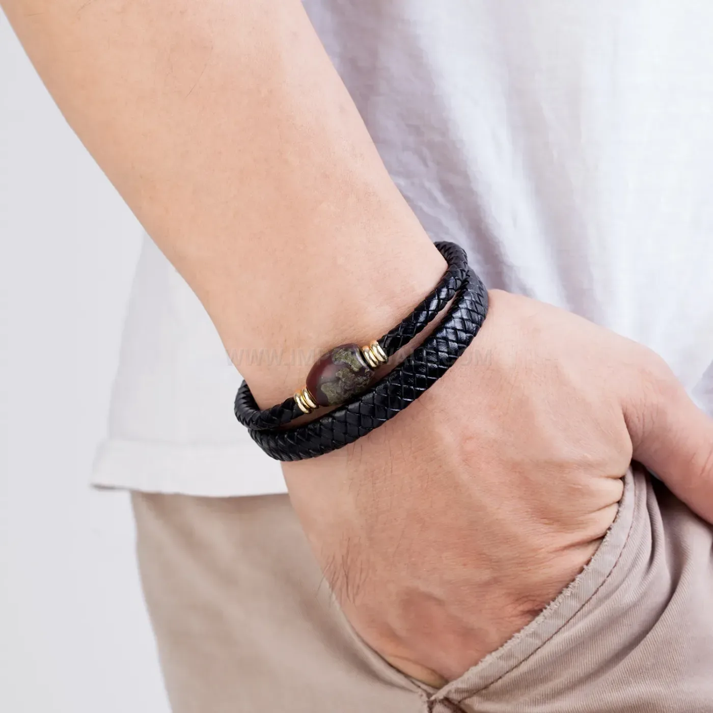Handcrafted Braided Leather Stone Bracelet with Stainless Steel Clasp