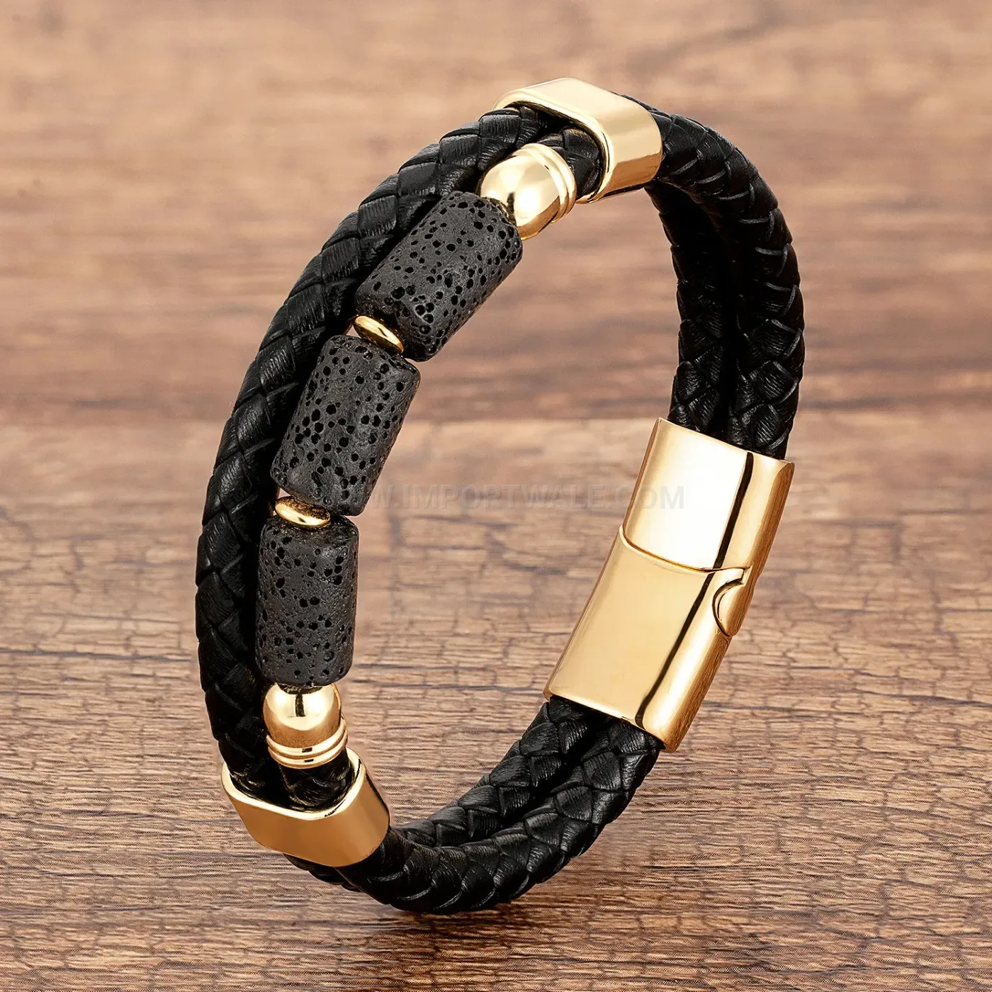 Double Layer Braided Leather Natural Stone Wristband Stainless Steel Clasp