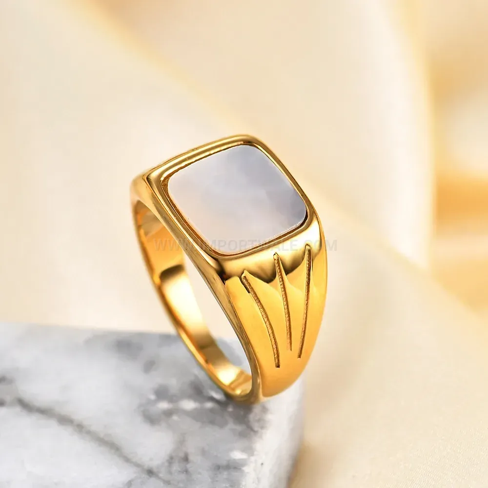 Elegant Geometric Shell Inlay Stainless Steel Statement Ring