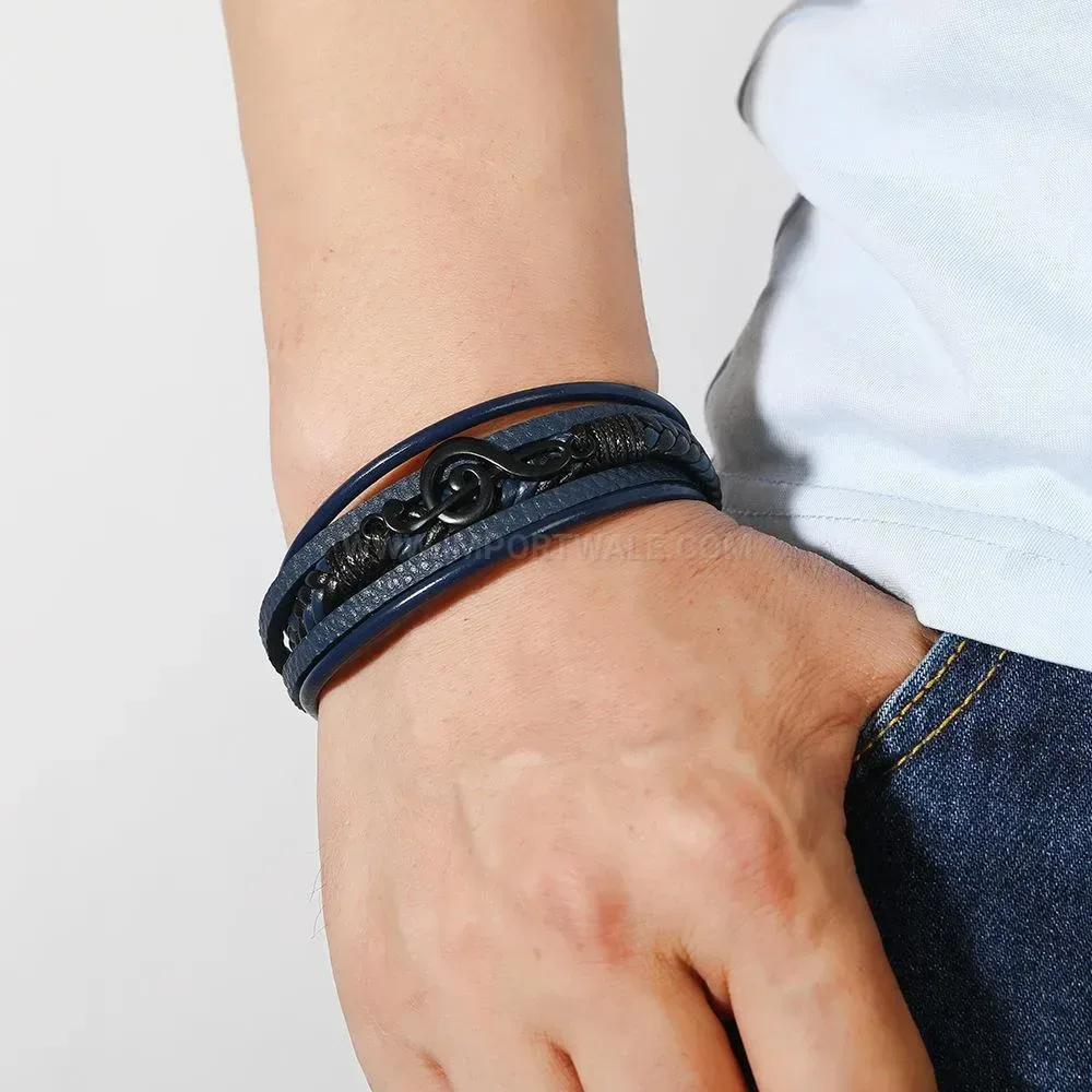 Fashion Multi Layer Braided Leather Treble Clef Bracelet with Magnetic Clasp