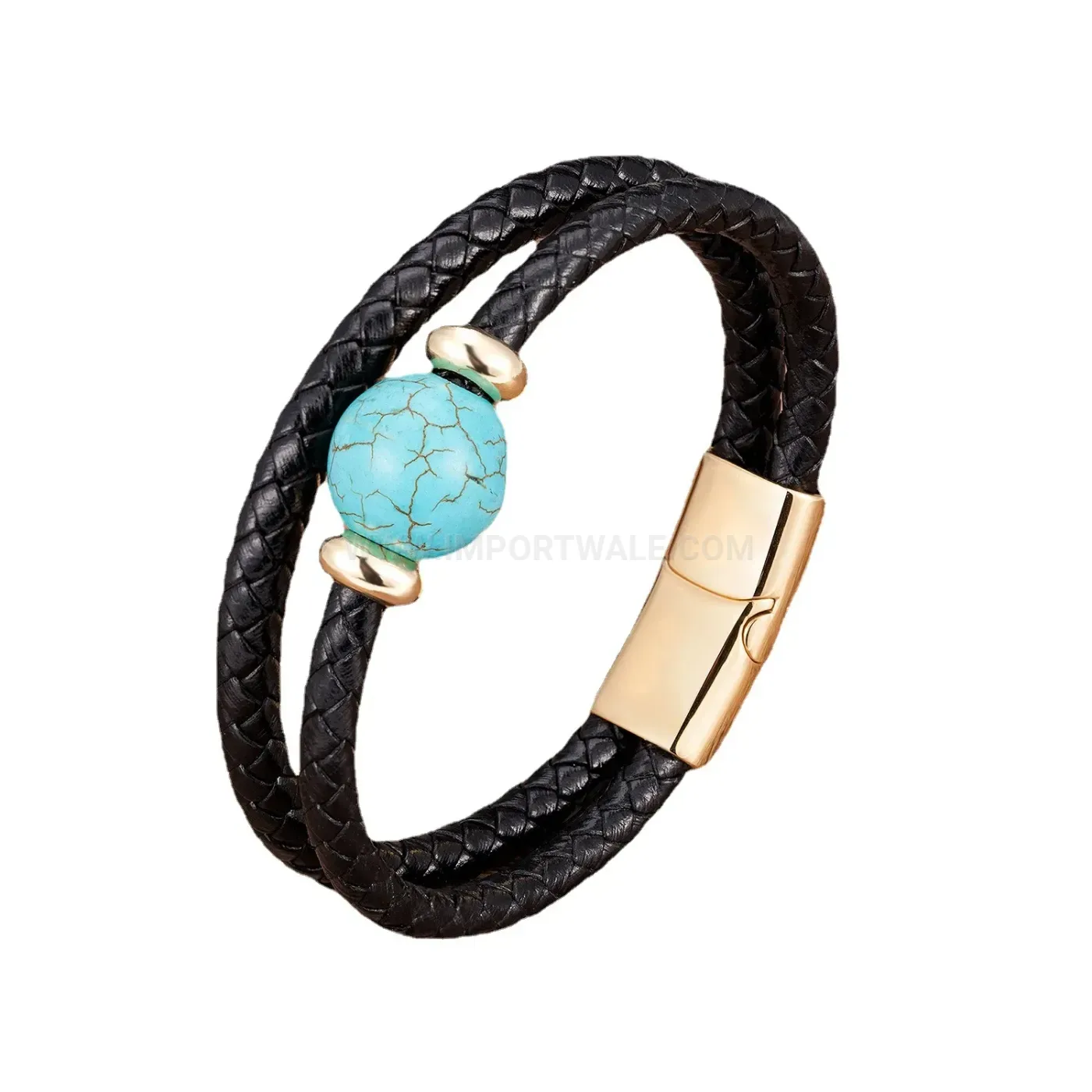 Double-Strand Braided Leather Natural Stone Magnetic Bracelet
