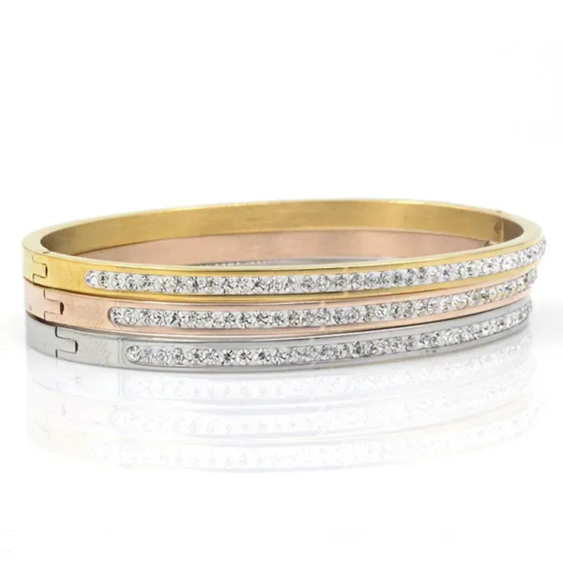 Bold Slim Rhinestone Embellished Stainless Steel Bangle Bracelet