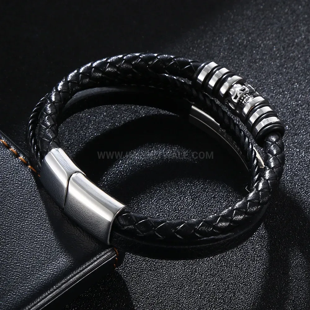 Viking Patterned Multi Strand Woven Leather Stainless Steel Bracelet