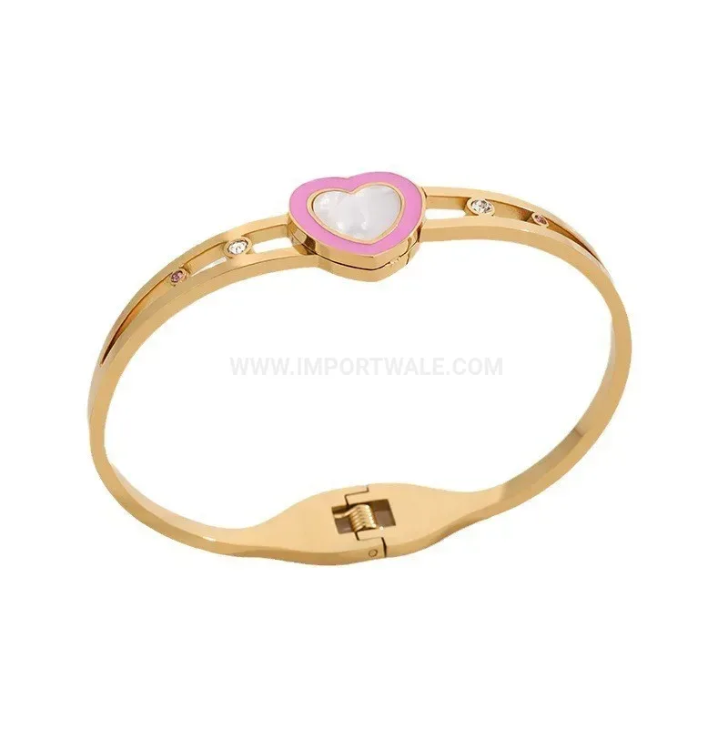 Elegant Mother of Pearl Heart Zircon Titanium Steel Bangle