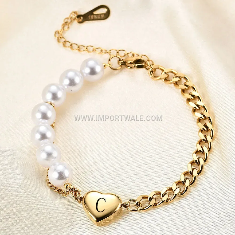 Stainless Steel Cuban Link Imitation Pearl Heart Initial Bracelet