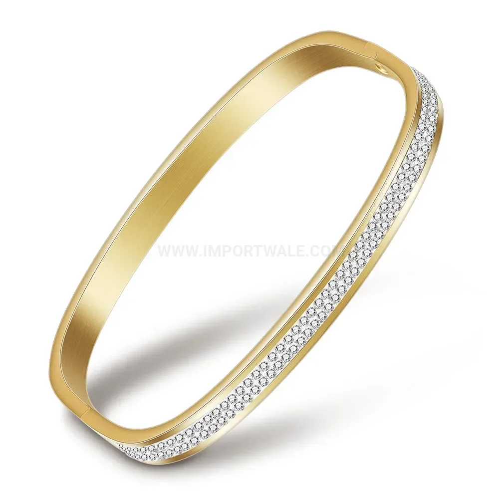 Trendy Double Row Rhinestone Open Cuff Stainless Steel Bangle