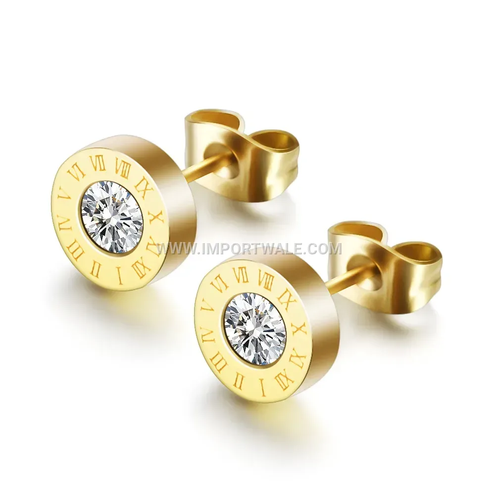 Roman Numeral Solitaire Zircon Stainless Steel Stud Earrings