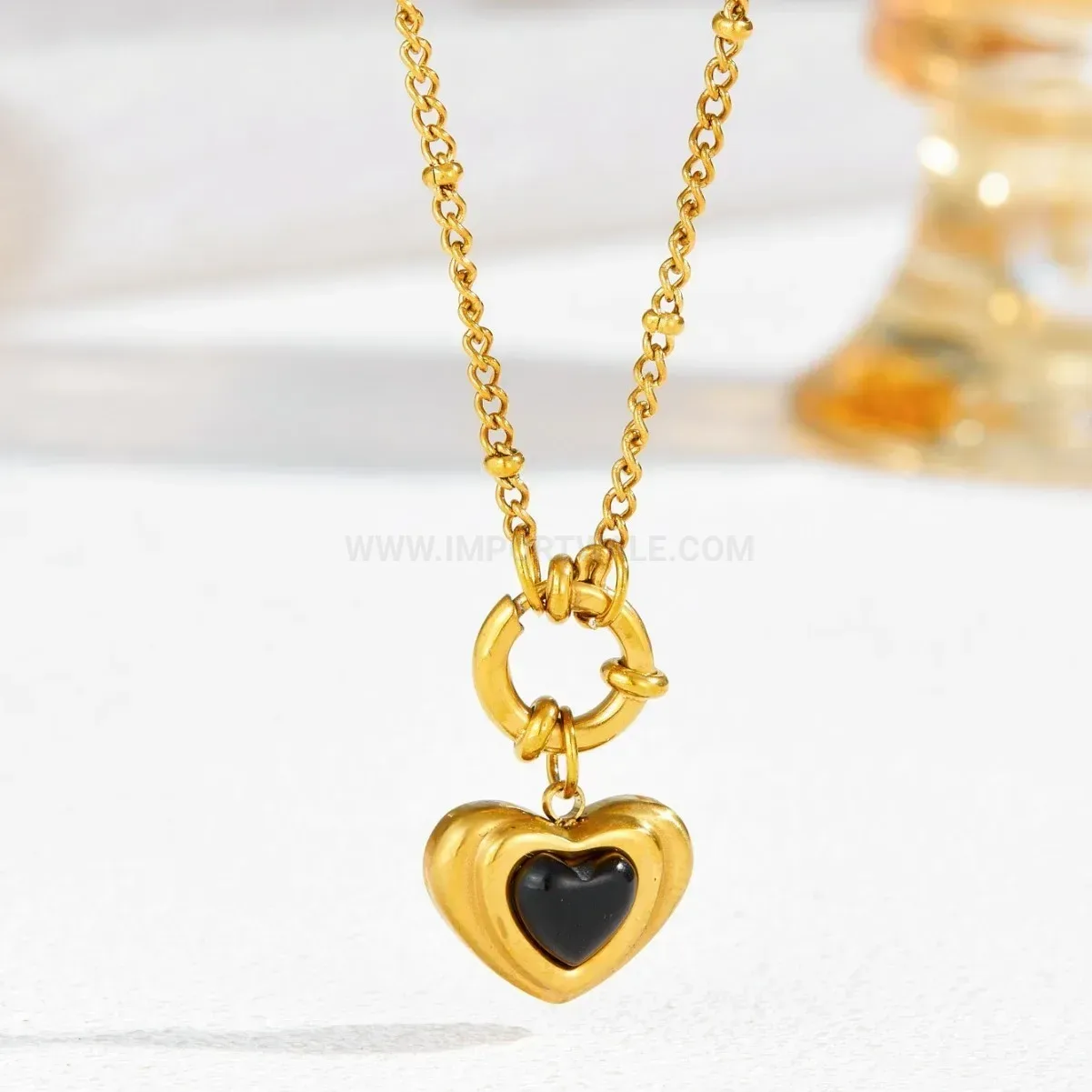 Modern Vintage Gold Heart Mother of Pearl Pendant Stainless Steel Necklace