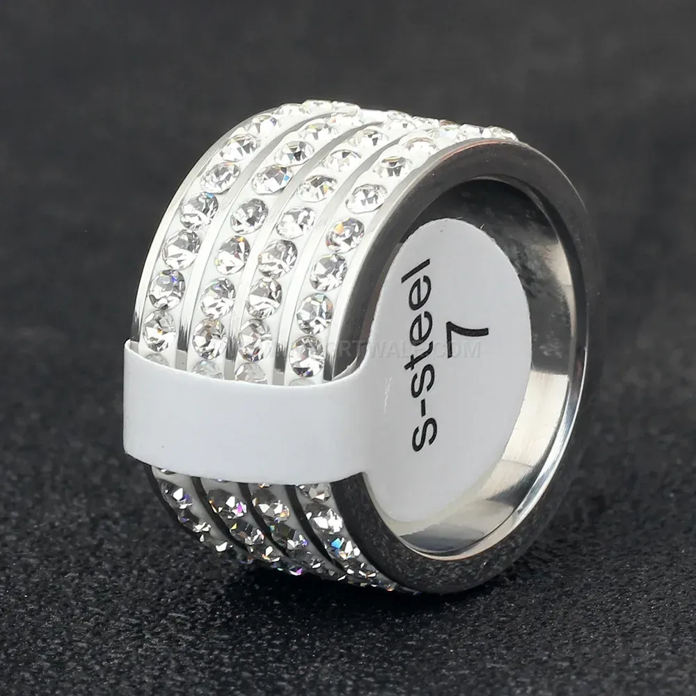 Four Row Rhinestone Stainless Steel Geometric Band Ring