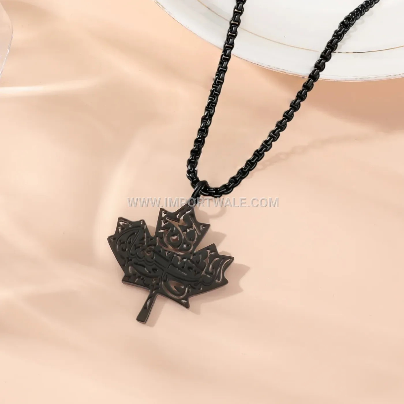 Maple Leaf Islamic Arabic Inscription Stainless Steel Pendant Necklace