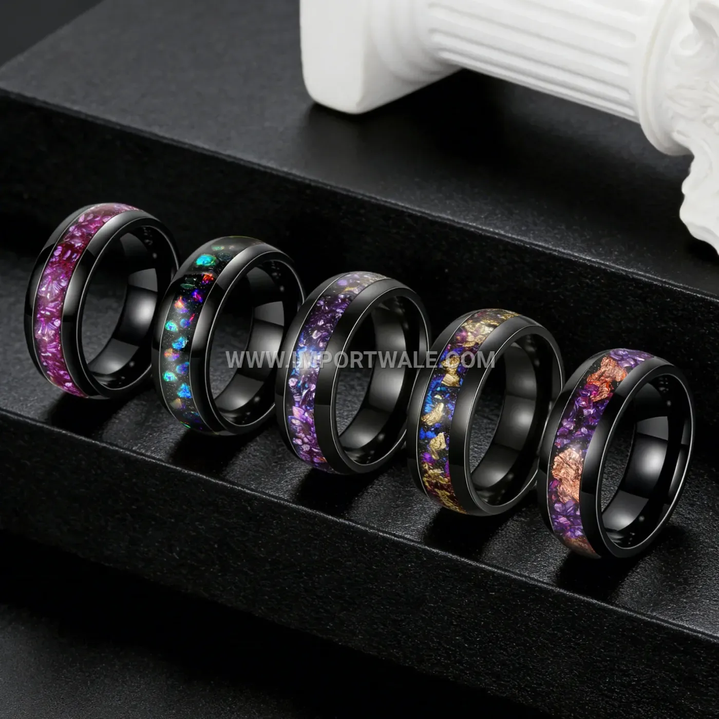 Starry Purple Amethyst Stainless Steel Band Ring Set